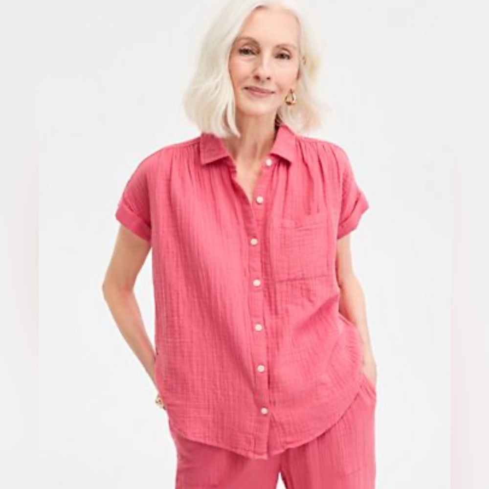 Eddie Bauer Women’s Sz Large Pink Linen & Cotten Blend Button-Up Shirt Collared